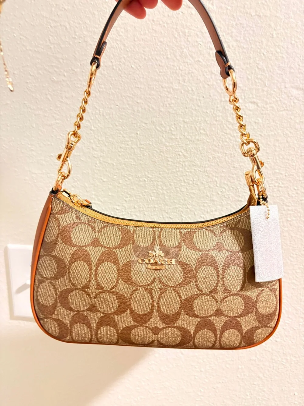 Coach Signature Canvas Shoulder Bag in Brown and Tan with Gold Hardware
